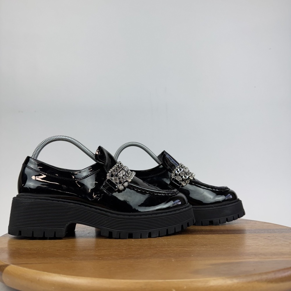 Womens Steve Madden Maybell Black Faux Patent Jewel Strap Platform Loafer Size 8